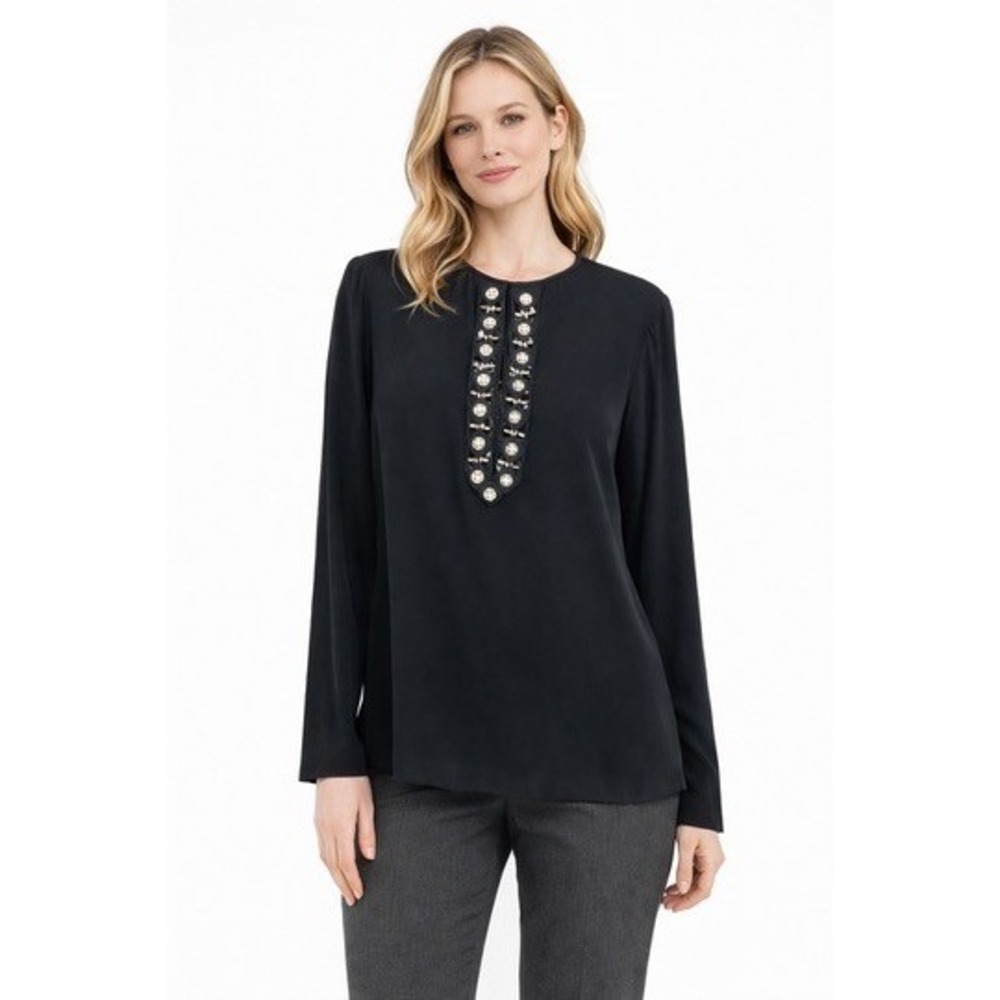 Elie‎ Tahari Black Beaded Embellished Long Sleeve Blouse Top Women's Size M